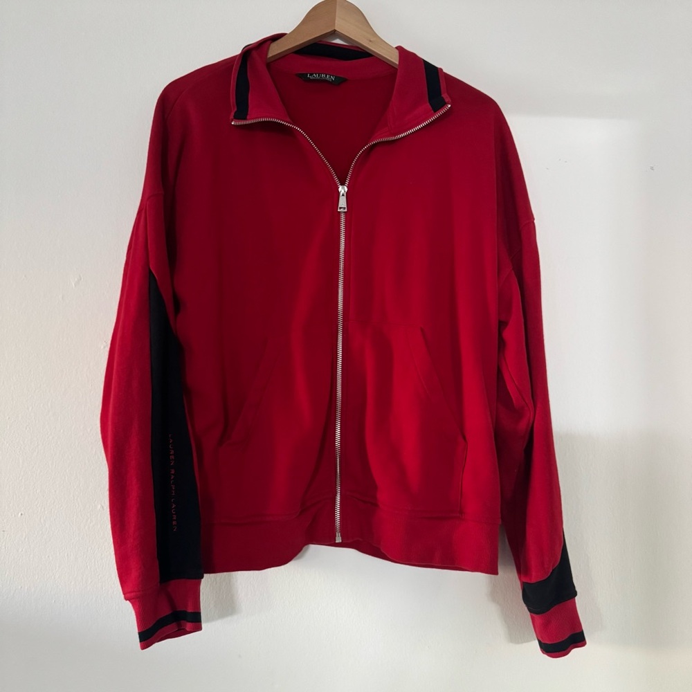 Lauren Ralph Lauren Women’s Red Zip-Up Sweater Track Suit with Black Trim